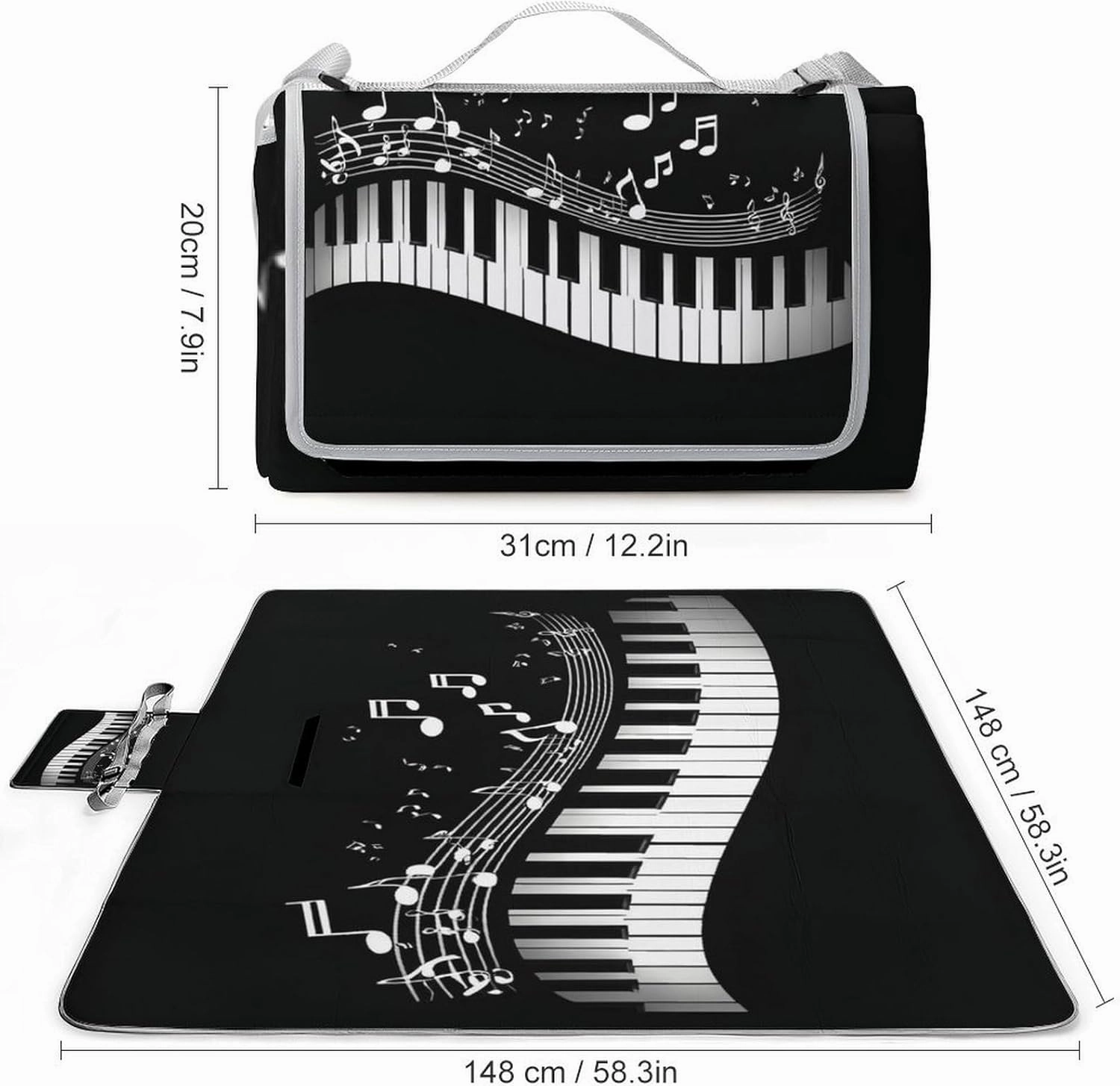 Waterproof Beach Blanket with Carry Strap, Lightweight and Durable White Piano Keys with Musical Notes Black Mat for Camping Park Travel Beach Accessories