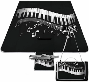 Waterproof Beach Blanket with Carry Strap, Lightweight and Durable White Piano Keys with Musical Notes Black Mat for Camping Park Travel Beach Accessories