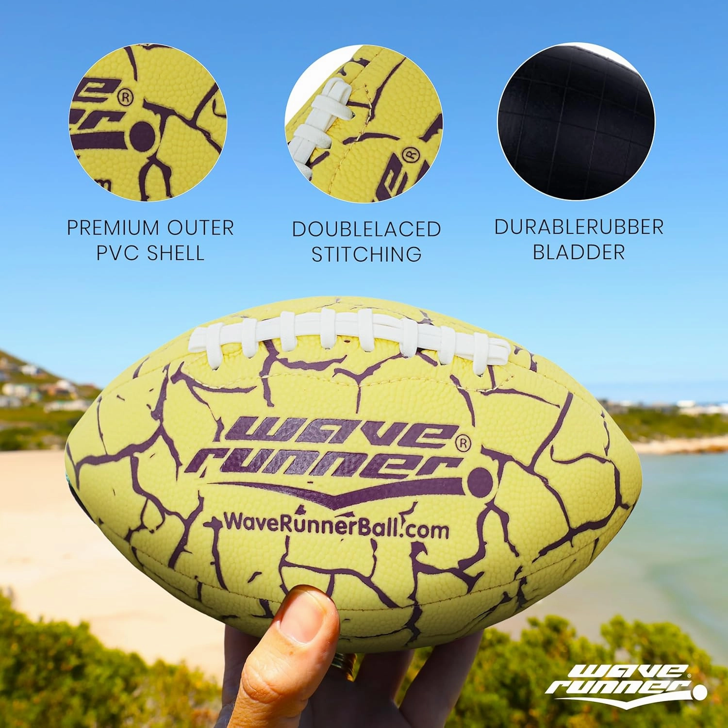 Wave Runner Grip It Waterproof Junior Size Football, 9.25 Size, Durable & Double Laced, Perfect for Beach Accessories, Kids Games, Pool Toys, Outdoor Games, All-Weather Indoor & Outdoor Play