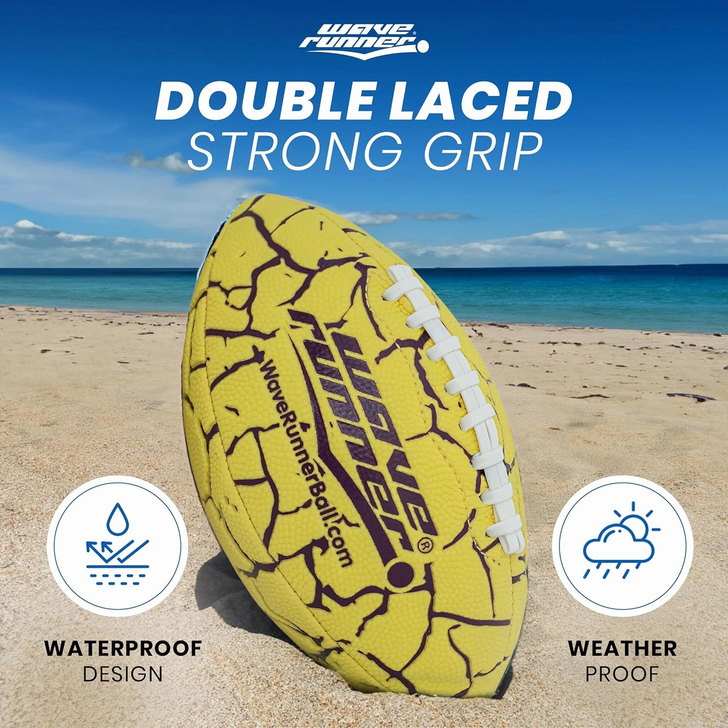 Wave Runner Grip It Waterproof Junior Size Football, 9.25 Size, Durable & Double Laced, Perfect for Beach Accessories, Kids Games, Pool Toys, Outdoor Games, All-Weather Indoor & Outdoor Play