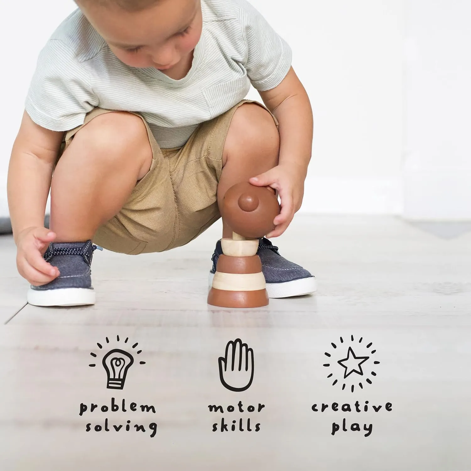 Wee Gallery Wood Stacker (Bear) Classic Learning Toy for Baby Development, Motor Skills, Problem Solving Activity, Child Safe Natural Materials, for Ages 18 Months and Up
