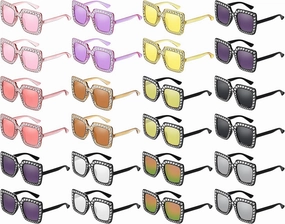 Weewooday 24 Pairs Crystal Oversize Sunglasses Square Diamond Glitter Sparkly Sunglasses Retro Thick Frame Rhinestone Square Bling 60,70's Disco Accessories for Women Men