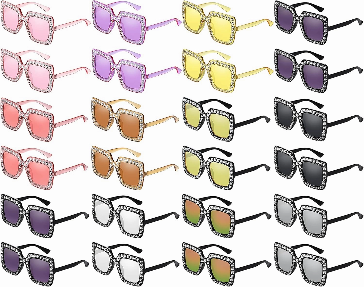 Weewooday 24 Pairs Crystal Oversize Sunglasses Square Diamond Glitter Sparkly Sunglasses Retro Thick Frame Rhinestone Square Bling 60,70's Disco Accessories for Women Men