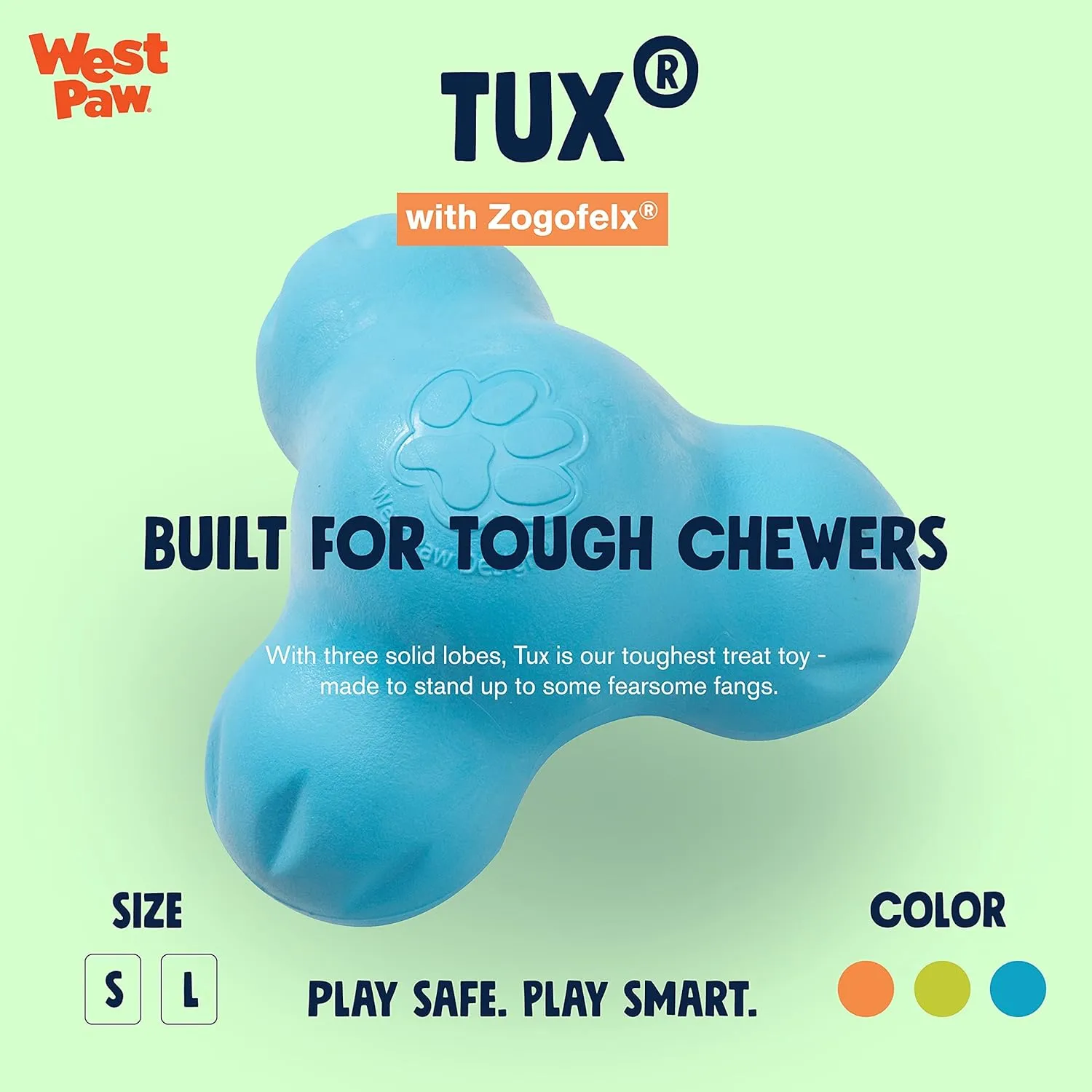 West Paw Zogoflex Tux Interactive Treat Dispensing Dog Chew Toy for Aggressive Chewers, Aqua, Small