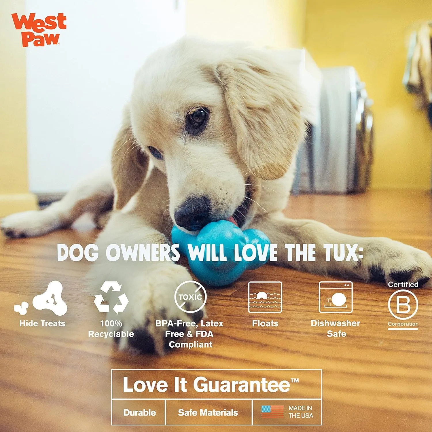 West Paw Zogoflex Tux Interactive Treat Dispensing Dog Chew Toy for Aggressive Chewers, Aqua, Small
