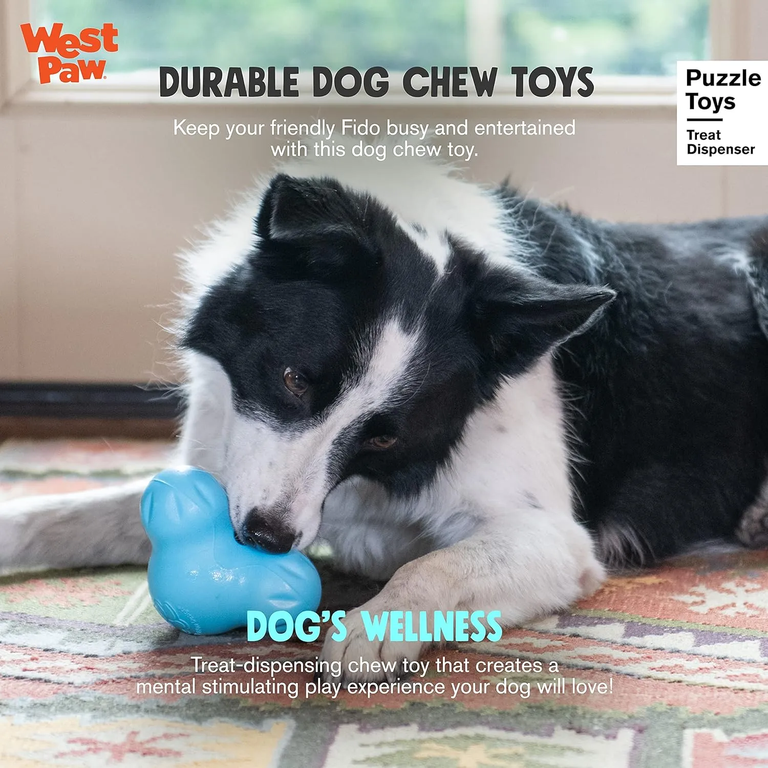 West Paw Zogoflex Tux Interactive Treat Dispensing Dog Chew Toy for Aggressive Chewers, Aqua, Small
