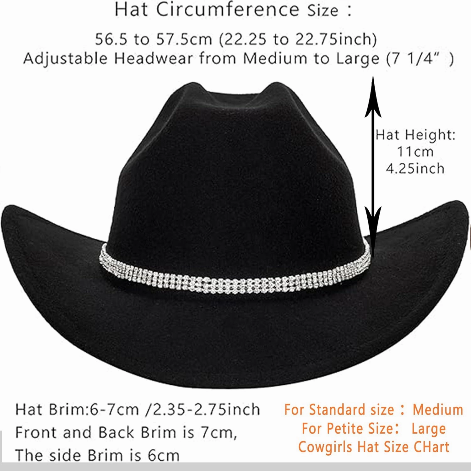 Western Outback Felt Cowboy Hat for Women Cowgirls Fedora Gus Hat Rodeo 22"-22.75" fit for M/L