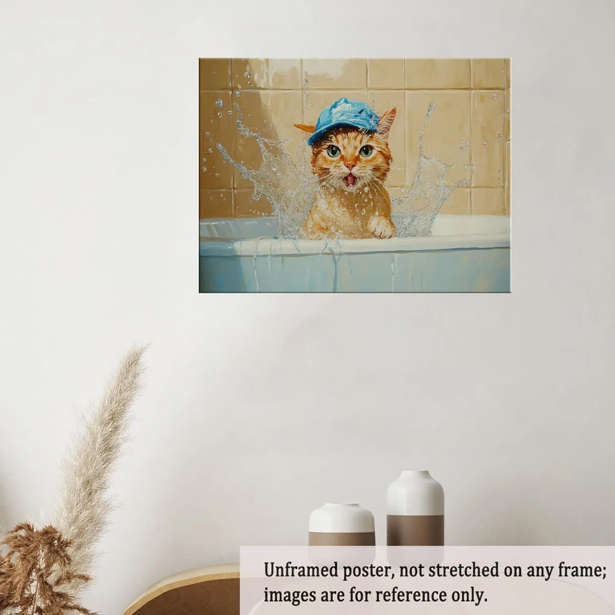 Whimsical Oil Painting of Orange Cat in Blue Cap Splashing Bathtub – Cute Animal Wall Art Poster for Bathroom Decor, Funny Pet Print-24x36Inch Ready to Hang(Unframed)