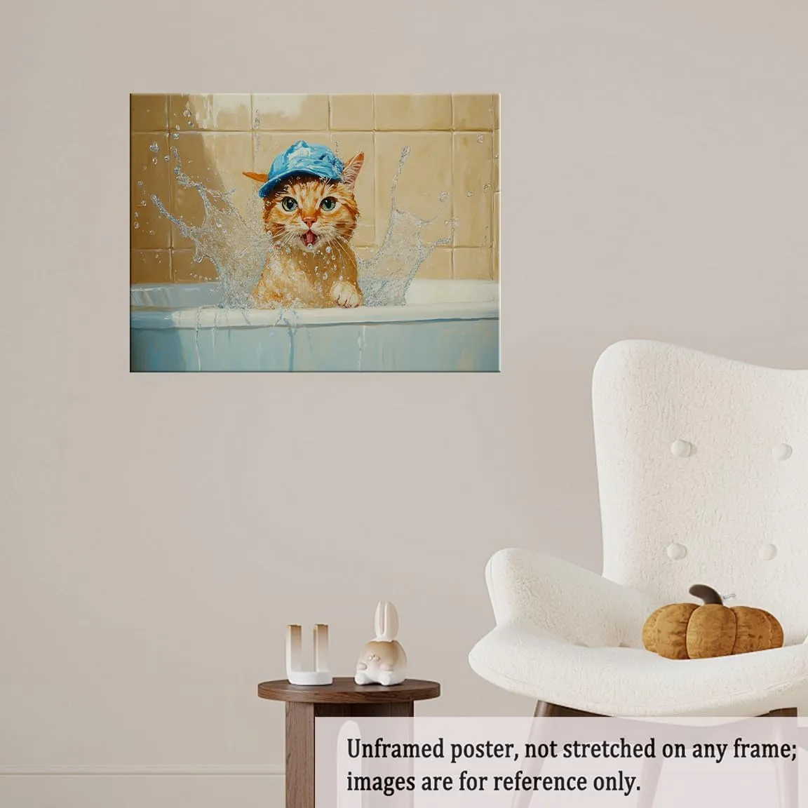 Whimsical Oil Painting of Orange Cat in Blue Cap Splashing Bathtub – Cute Animal Wall Art Poster for Bathroom Decor, Funny Pet Print-24x36Inch Ready to Hang(Unframed)