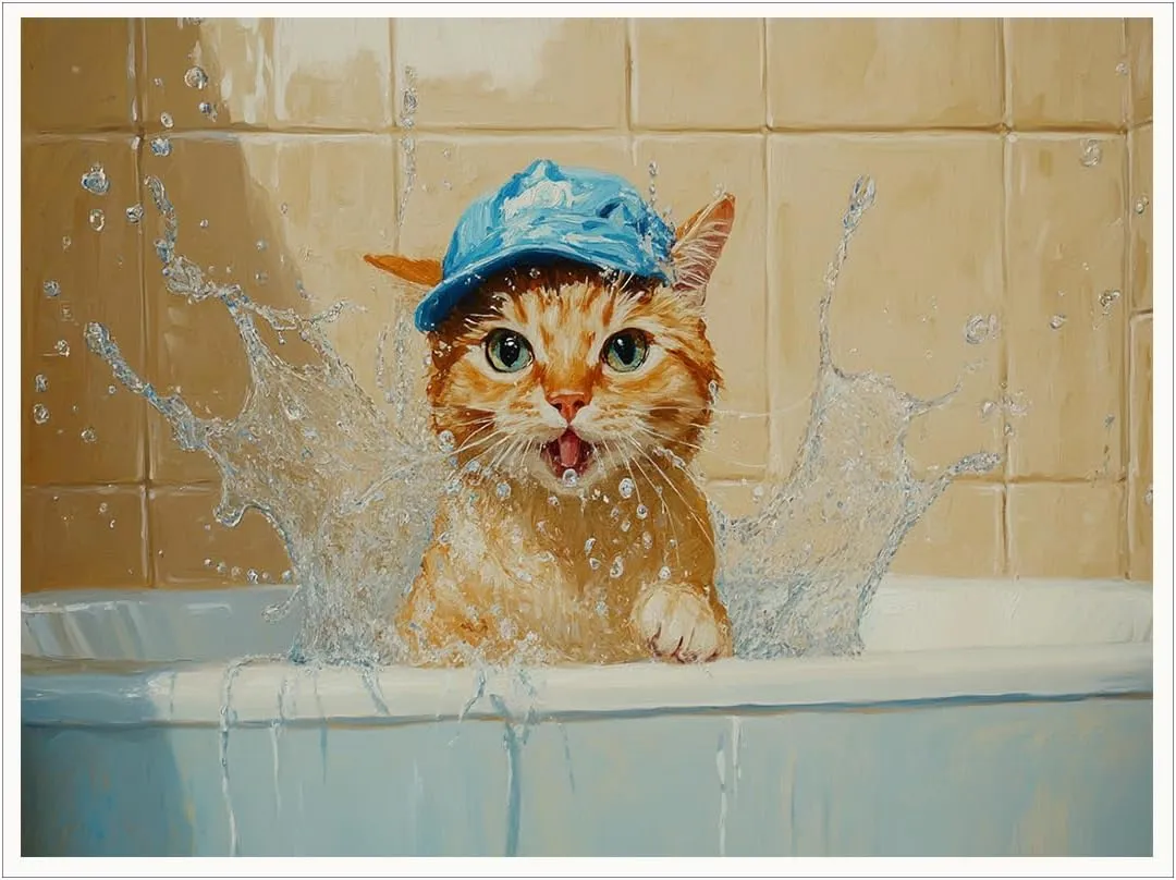 Whimsical Oil Painting of Orange Cat in Blue Cap Splashing Bathtub – Cute Animal Wall Art Poster for Bathroom Decor, Funny Pet Print-24x36Inch Ready to Hang(Unframed)