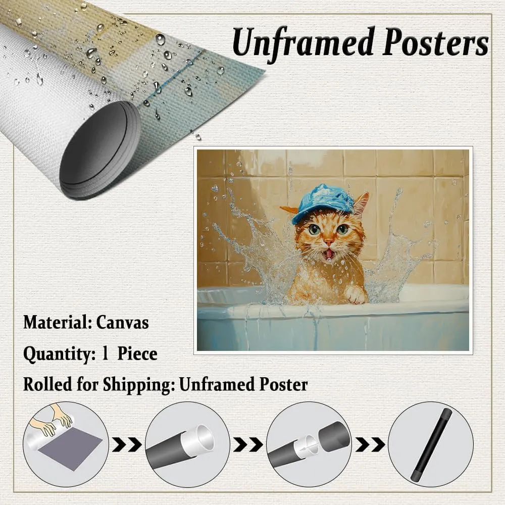 Whimsical Oil Painting of Orange Cat in Blue Cap Splashing Bathtub – Cute Animal Wall Art Poster for Bathroom Decor, Funny Pet Print-24x36Inch Ready to Hang(Unframed)
