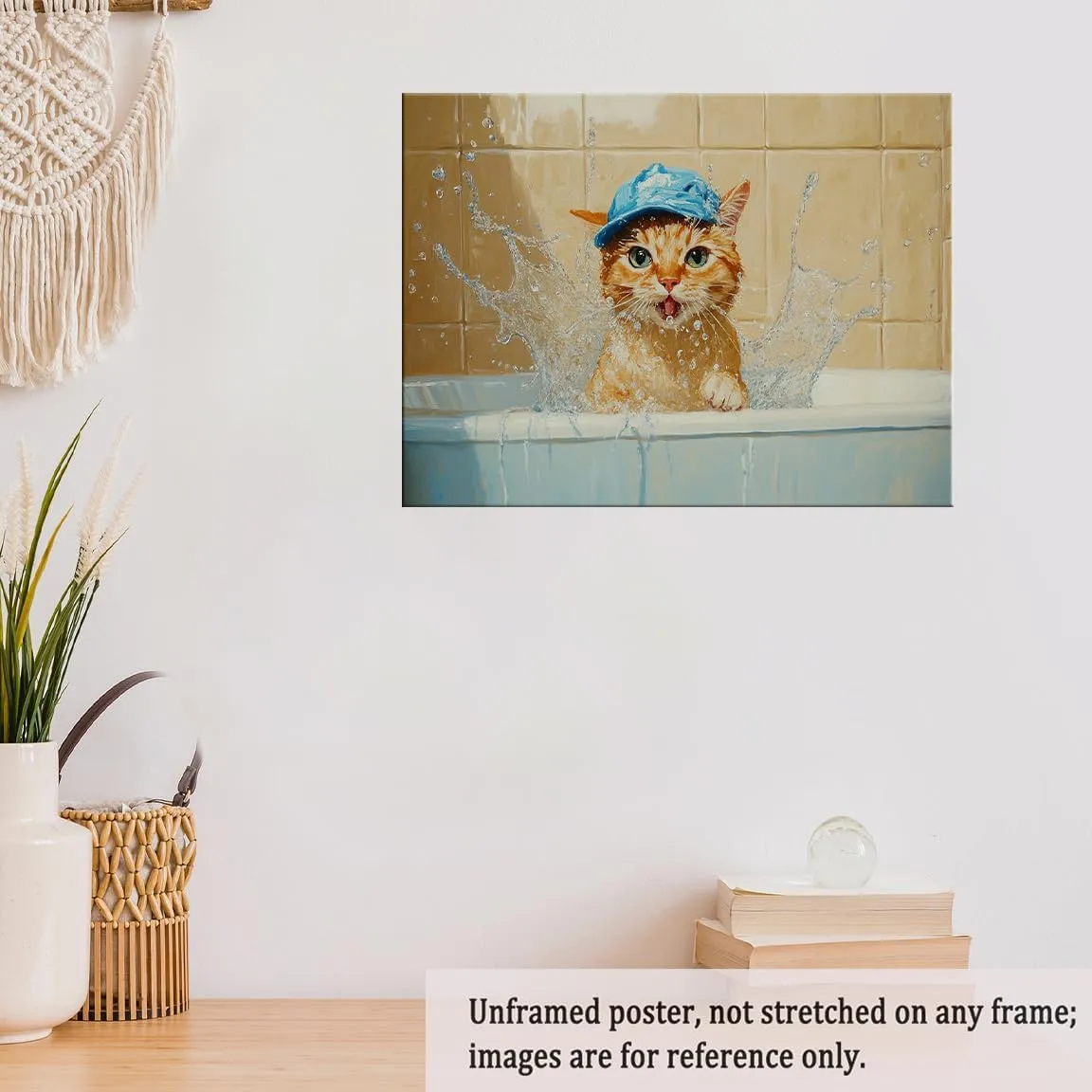 Whimsical Oil Painting of Orange Cat in Blue Cap Splashing Bathtub – Cute Animal Wall Art Poster for Bathroom Decor, Funny Pet Print-24x36Inch Ready to Hang(Unframed)