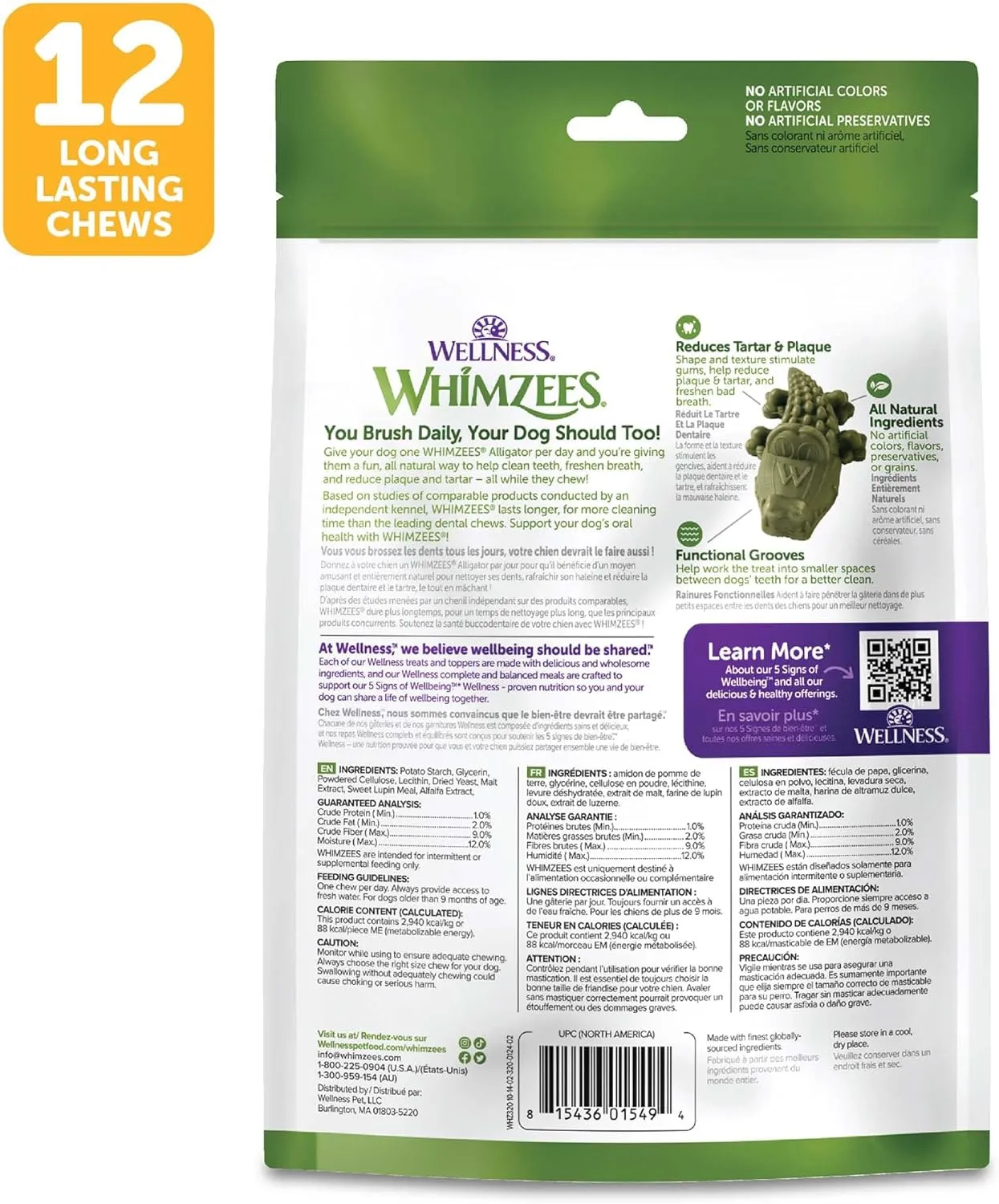 Whimzees Wellness Alligator Dog Dental Treats, Natural Chews, Medium Size, (12 Count)