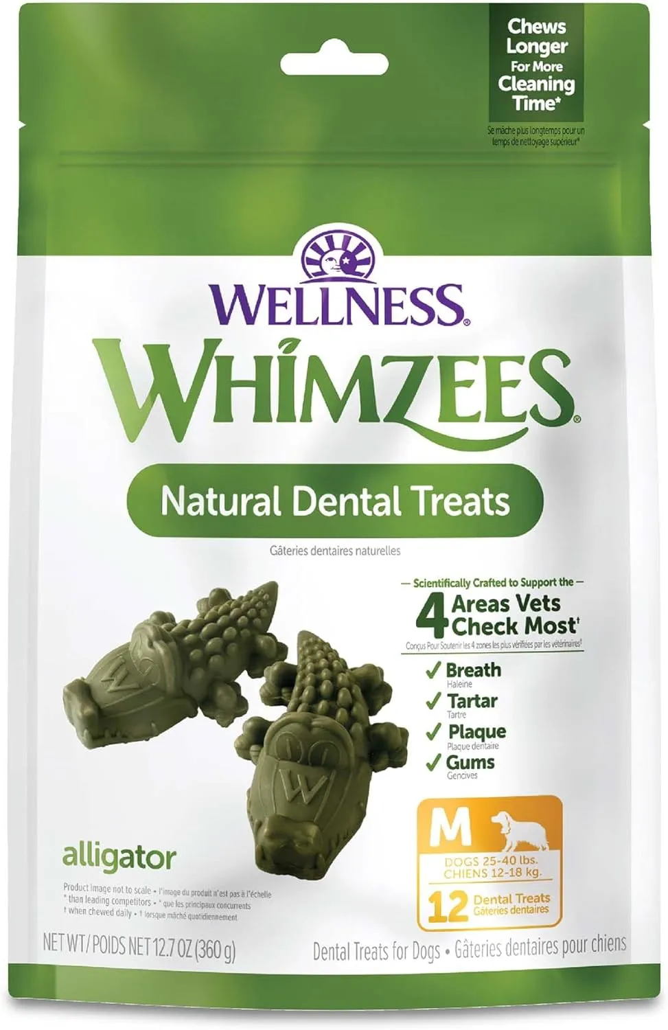 Whimzees Wellness Alligator Dog Dental Treats, Natural Chews, Medium Size, (12 Count)