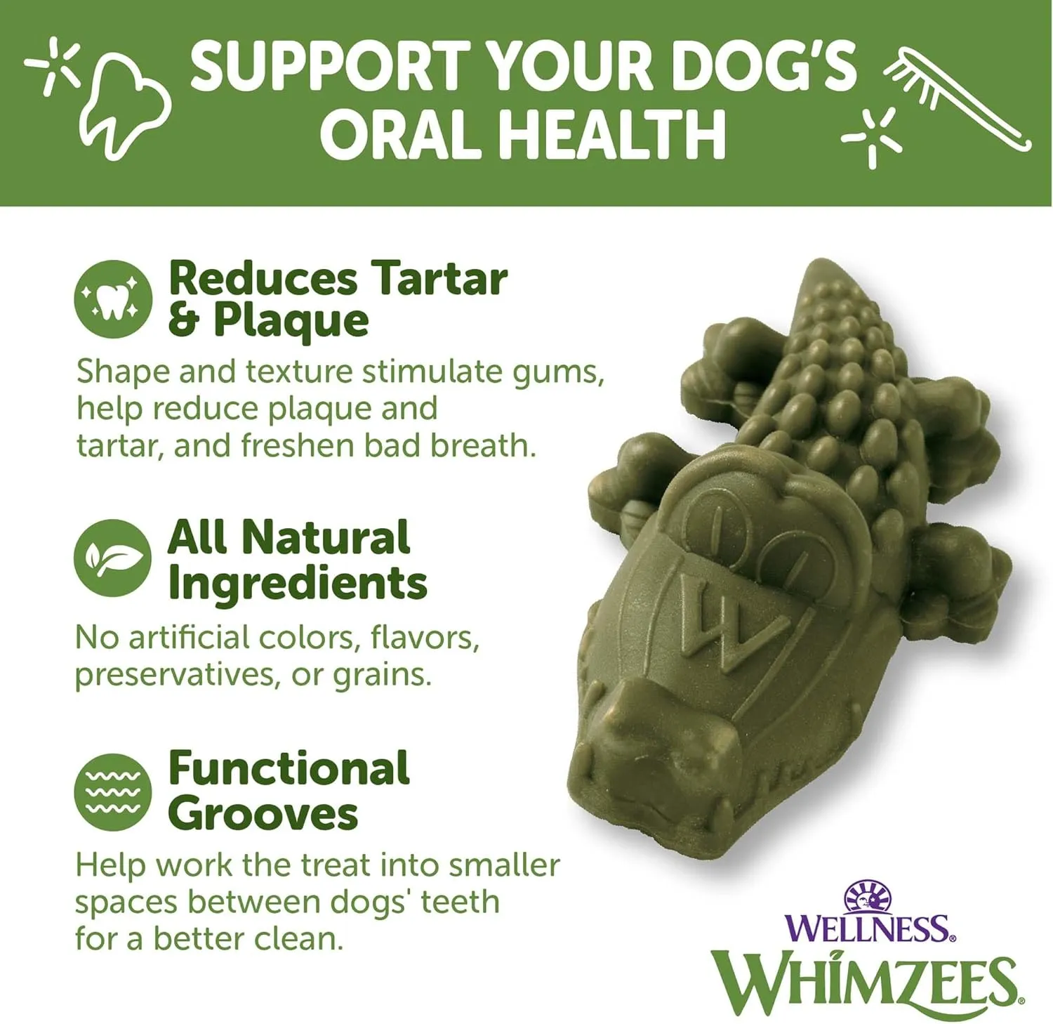 Whimzees Wellness Alligator Dog Dental Treats, Natural Chews, Medium Size, (12 Count)