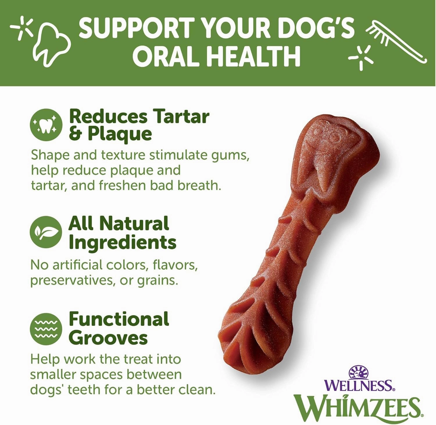 Whimzees Wellness Brushzees Dog Dental Treats, Natural Chews, Small Size Stick, (24 Count)