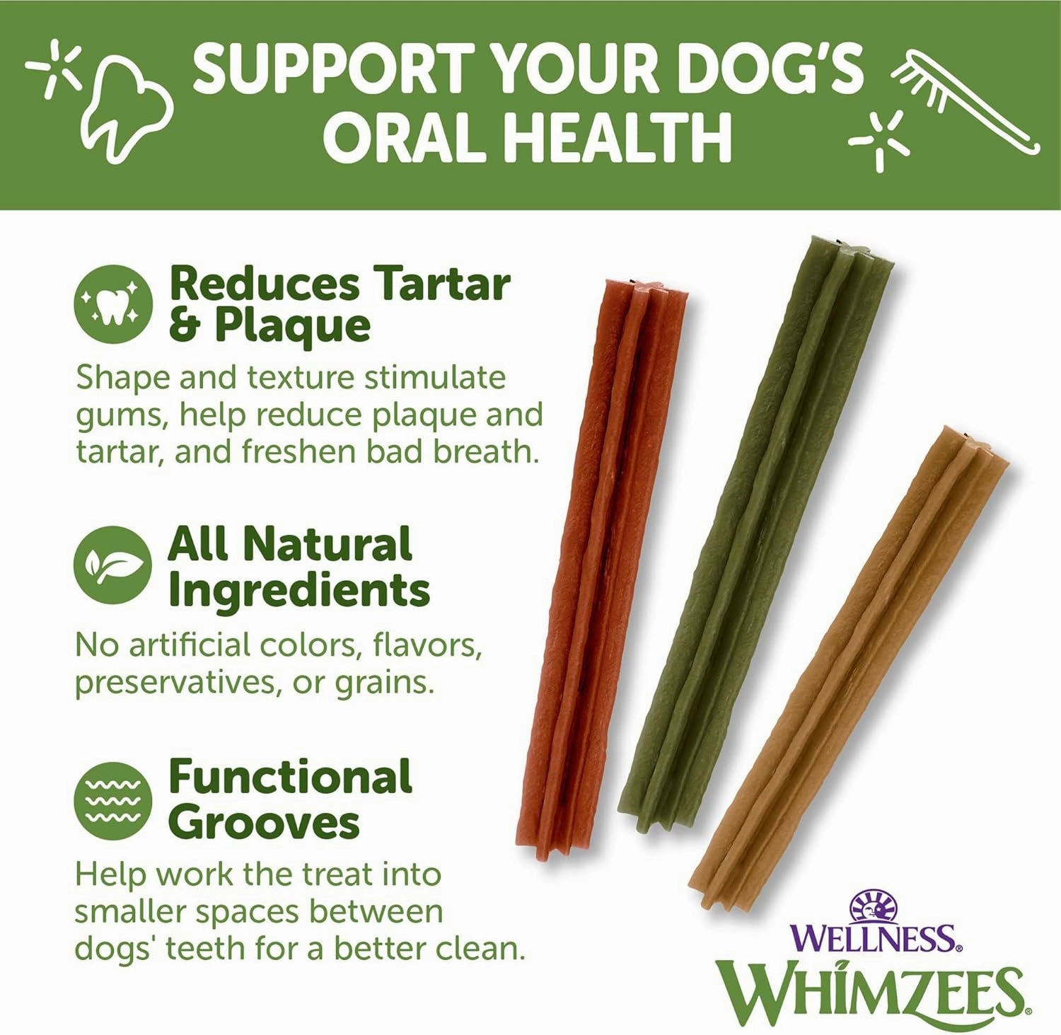 Whimzees Wellness Stix Dog Dental Treats, Natural Chews, Large Size Stick, (7 Count)