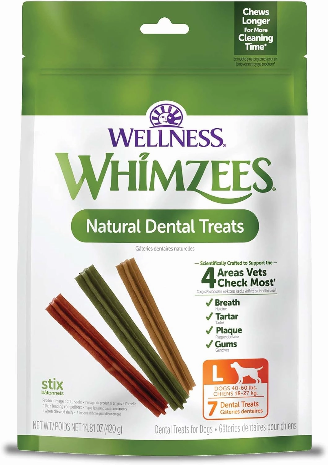 Whimzees Wellness Stix Dog Dental Treats, Natural Chews, Large Size Stick, (7 Count)
