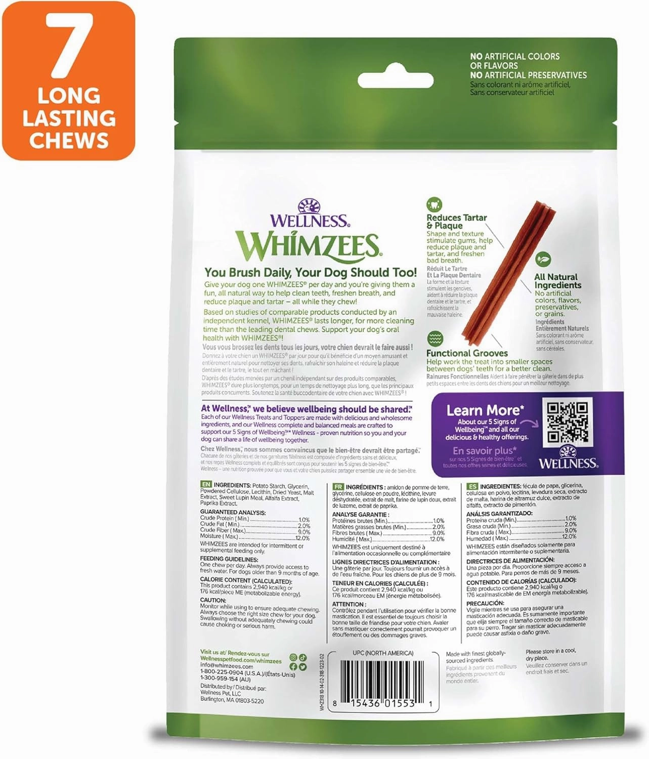 Whimzees Wellness Stix Dog Dental Treats, Natural Chews, Large Size Stick, (7 Count)