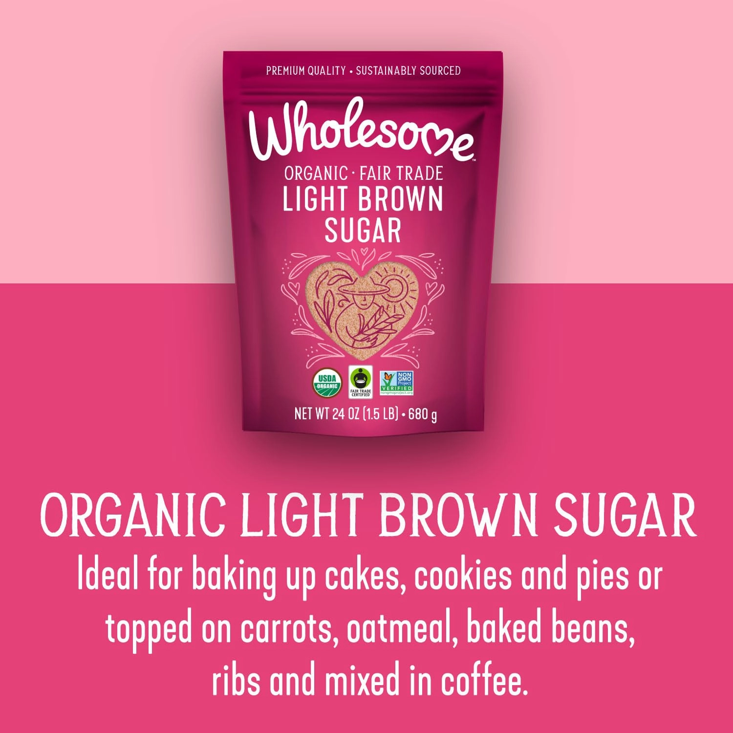 Wholesome Sweeteners 24-Ounce Organic Light Brown Sugar, Fair Trade, Non GMO, Gluten Free & Vegan, Sugar for Baking and Glazing, 6 Pack