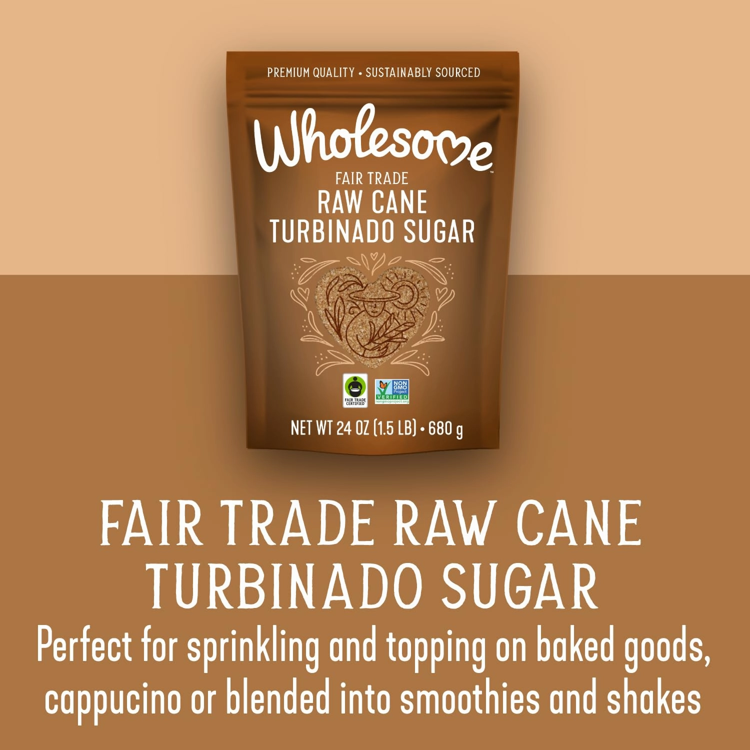 Wholesome Sweeteners 24-Ounce Raw Cane Turbinado Cane Sugar, Fair Trade, Non GMO, Gluten Free & Vegan, 12 Pack