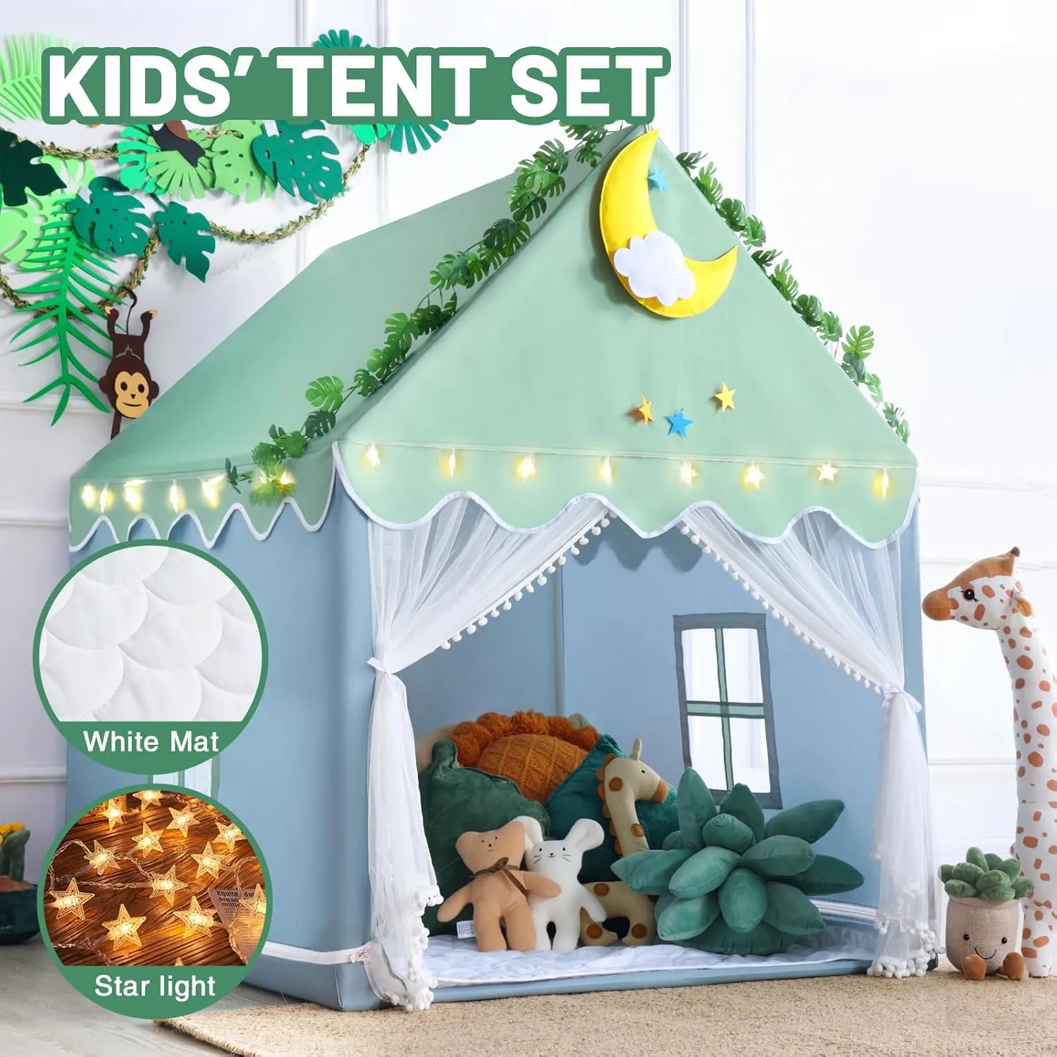 Wilwolfer Kid Tent with Mat, Star Lights - Kids Play Tents for Toddlers Kids Tents Indoor Playhouse - Princess Tent for Girls Toy House Gift (Green with Mesh)