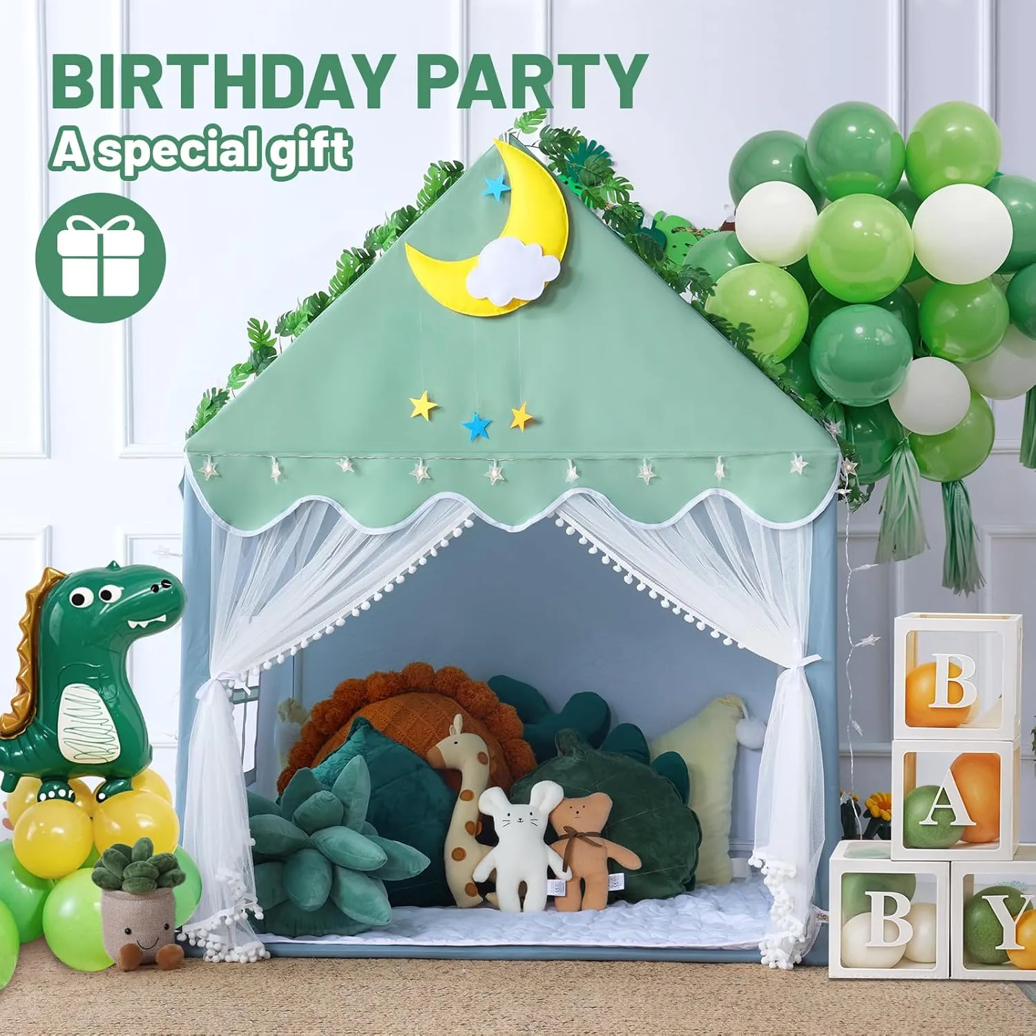 Wilwolfer Kid Tent with Mat, Star Lights - Kids Play Tents for Toddlers Kids Tents Indoor Playhouse - Princess Tent for Girls Toy House Gift (Green with Mesh)