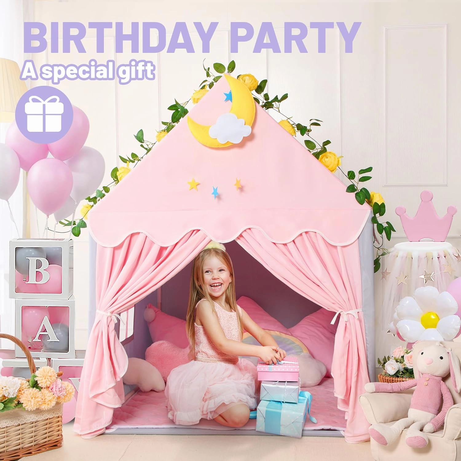 Wilwolfer Kid Tent with Mat, Star Lights - Kids Play Tents for Toddlers Kids Tents Indoor Playhouse - Princess Tent for Girls Toy House Gift (Gray with Cloth)