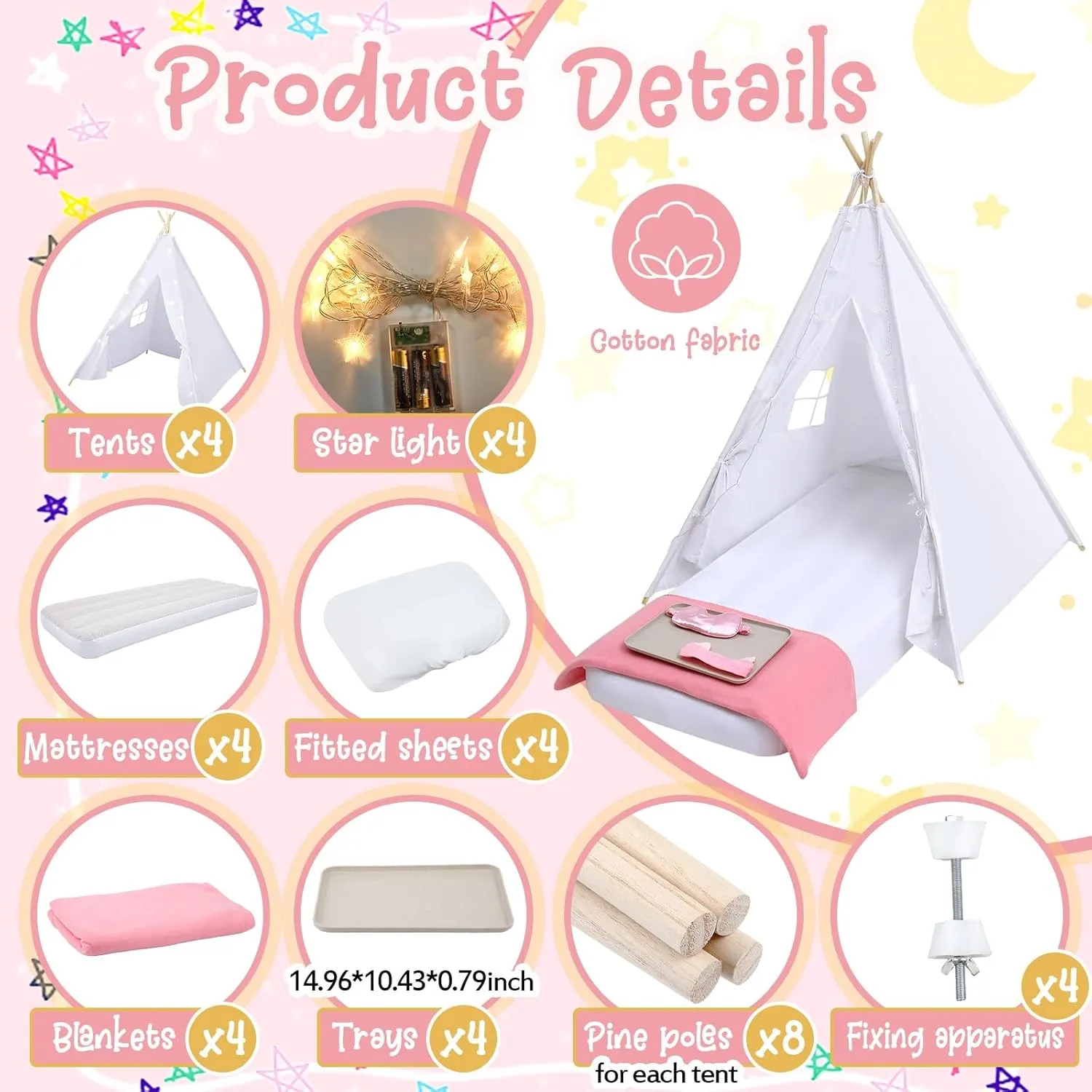 Windyun 4 Pack Kids Teepee Tent for Slumber Party with Mattress and Lights, Sleepover Tents for Girls Boys Indoor Outdoor Cotton Teepee for Kids with Airbed Tray Blanket Birthday Party Supplies(White)