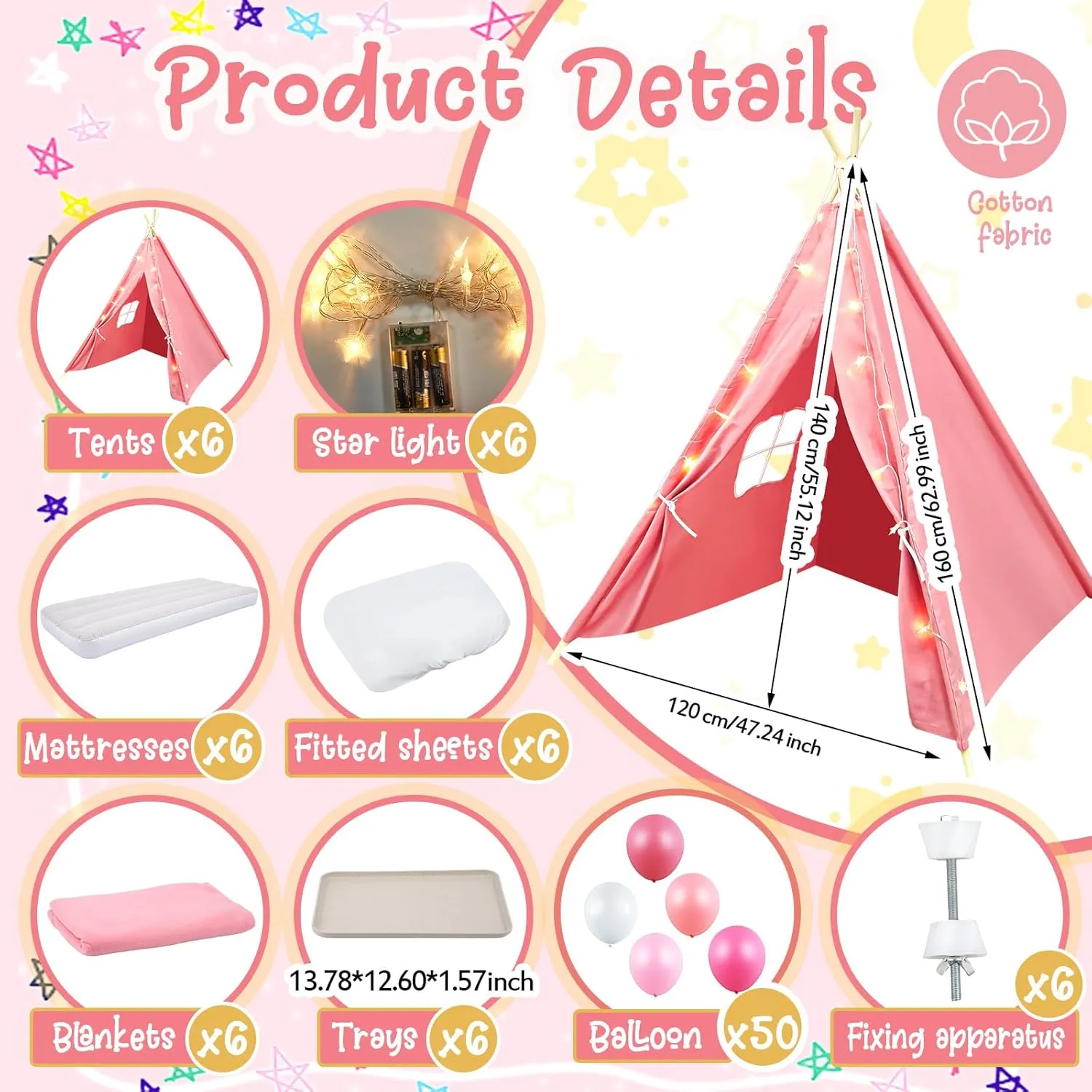 Windyun 6 Pack Kids Teepee Tent Bulk with Light and Inflatable Airbed, Natural Cotton Toddler Play Tent Washable for Girls Boys Indoor Outdoor Slumber Party Birthday Gifts (Pink)