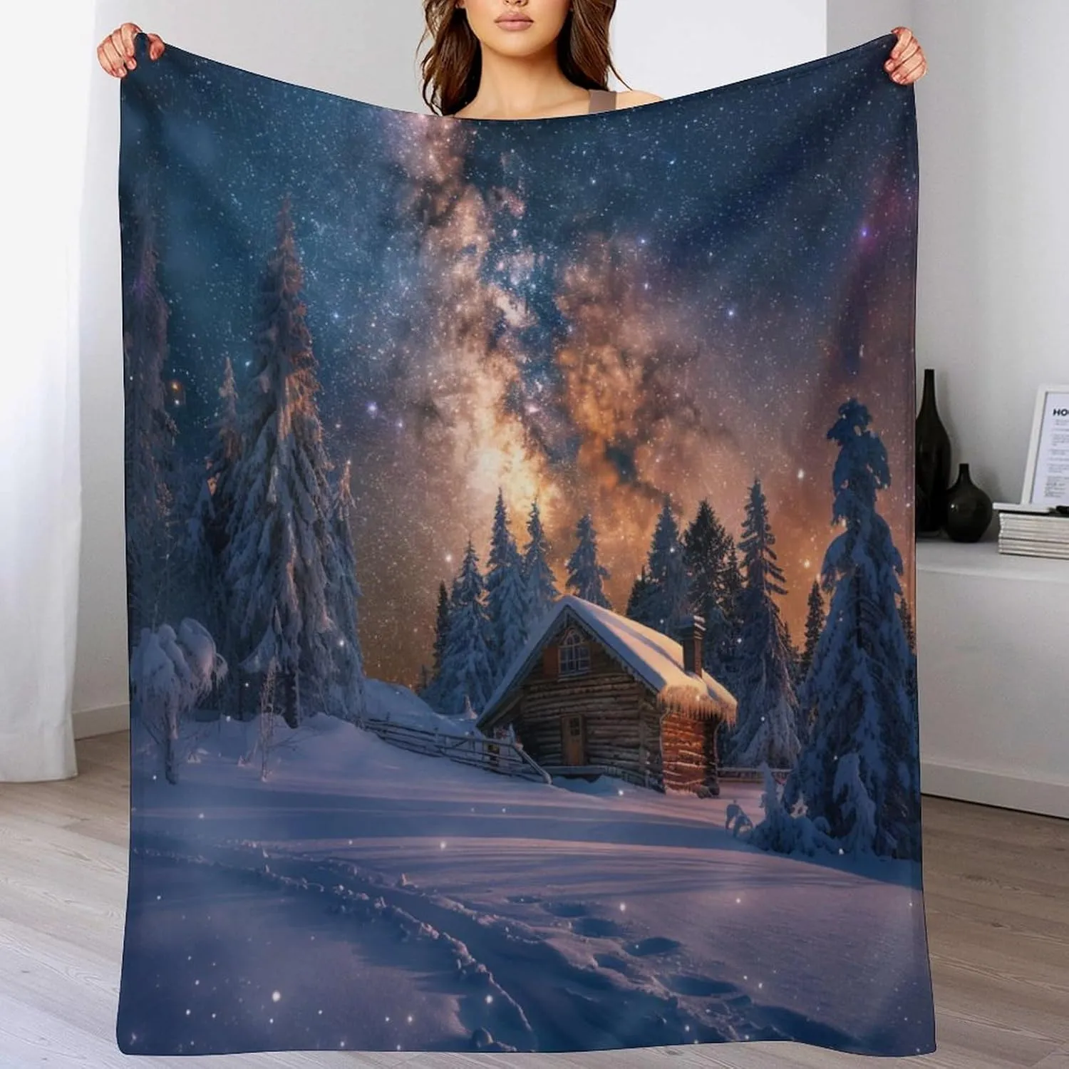 Winter Cabin Jungle Throw Blanket, Soft Cozy Warm Fantasy Galaxy Starry Scenery Flannel Blankets for Sofa Couch Bed, 50x70 Inch