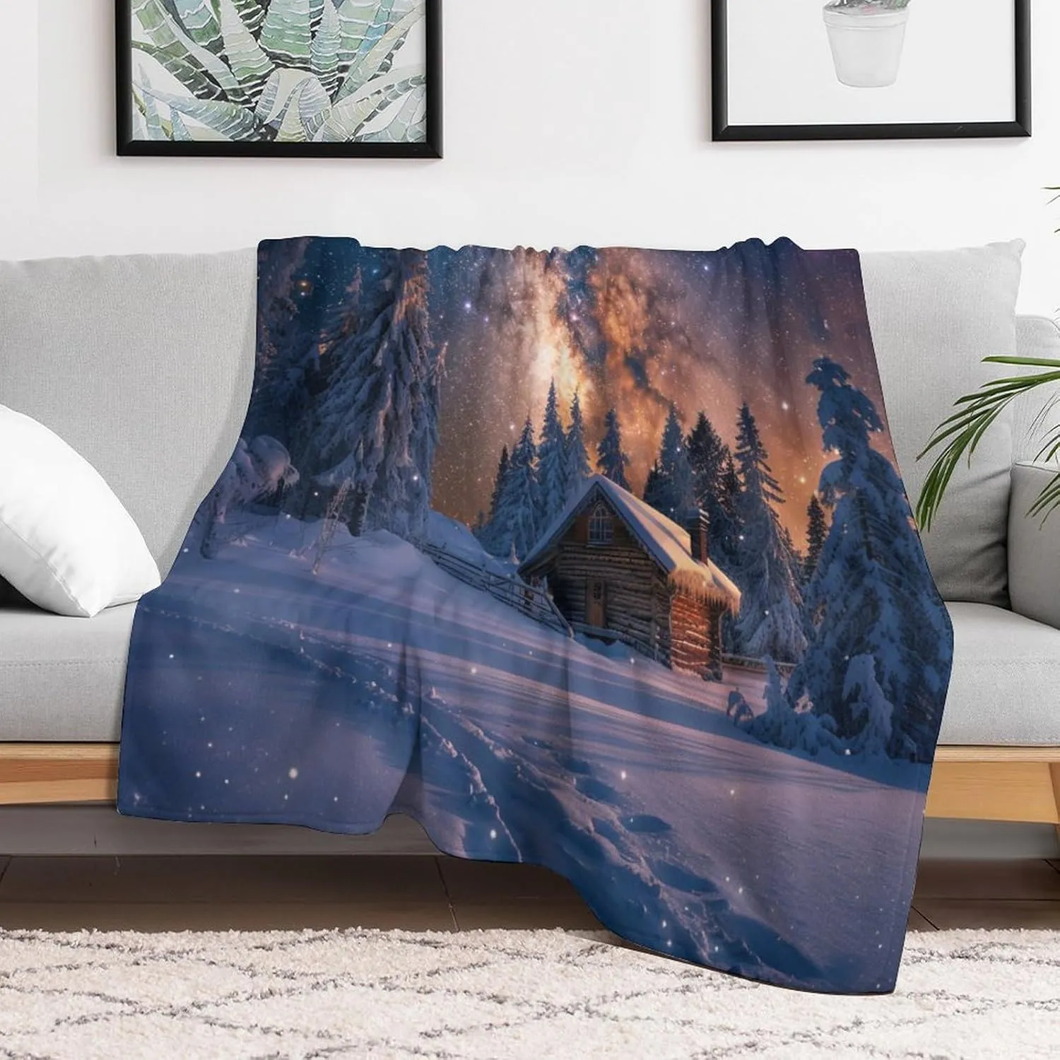 Winter Cabin Jungle Throw Blanket, Soft Cozy Warm Fantasy Galaxy Starry Scenery Flannel Blankets for Sofa Couch Bed, 50x70 Inch