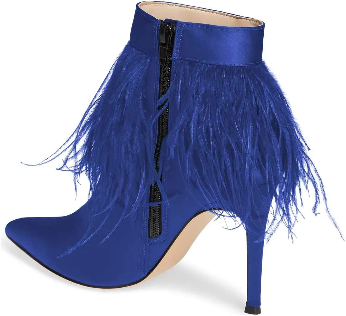 Women Fluffy Feather Tassel Ankle Boots Pointed Toe Stiletto High Heels Prom Dress Booties Size 4-15 US