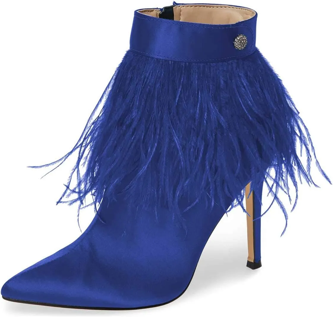 Women Fluffy Feather Tassel Ankle Boots Pointed Toe Stiletto High Heels Prom Dress Booties Size 4-15 US