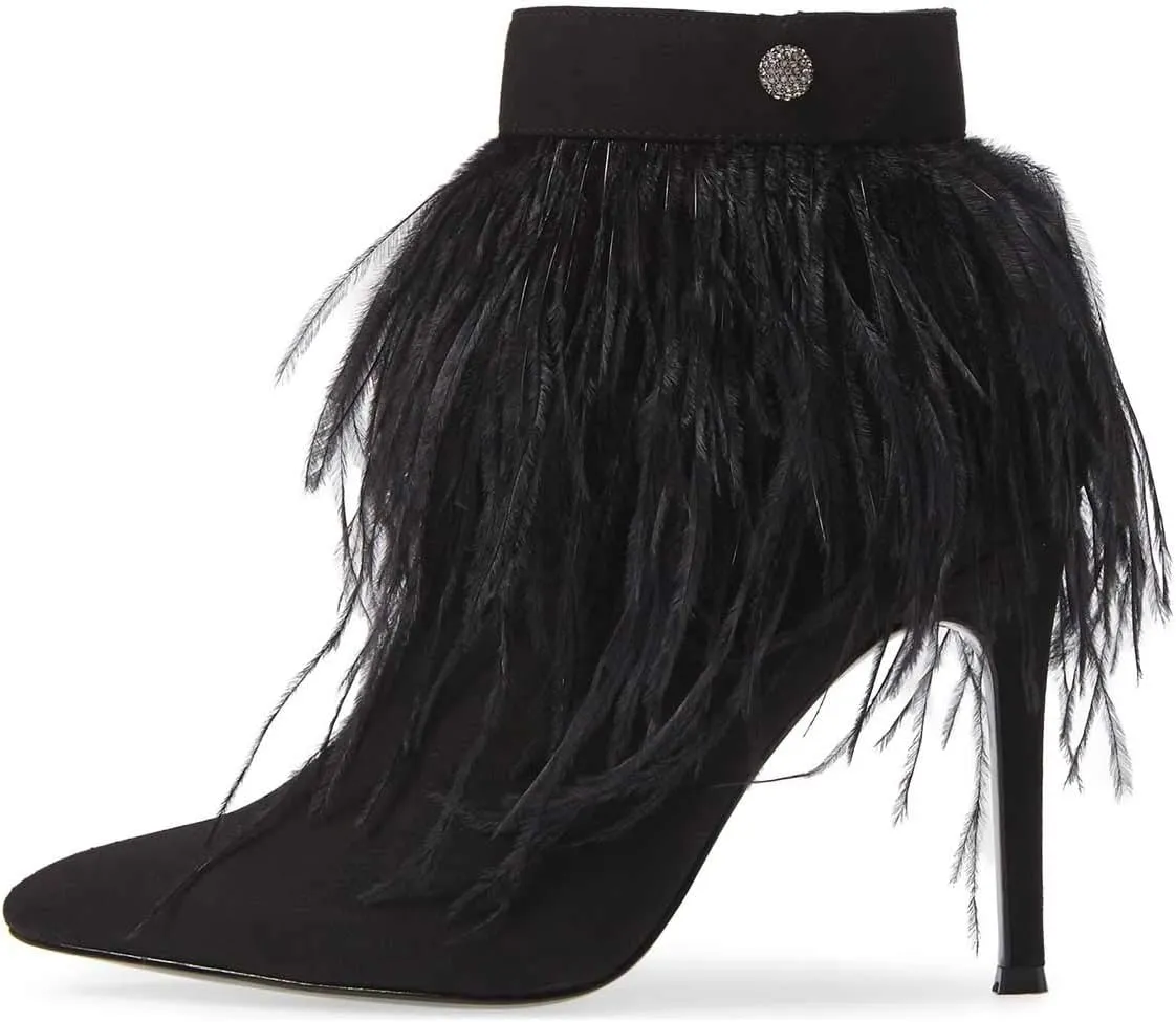Women Fluffy Feather Tassel Ankle Boots Pointed Toe Stiletto High Heels Prom Dress Booties Size 4-15 US