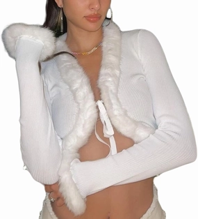 Women 's Fluffy Knitted Cardigan Long Sleeve V Neck Fur Trim Crop Top Winter Bodycon Streetwear