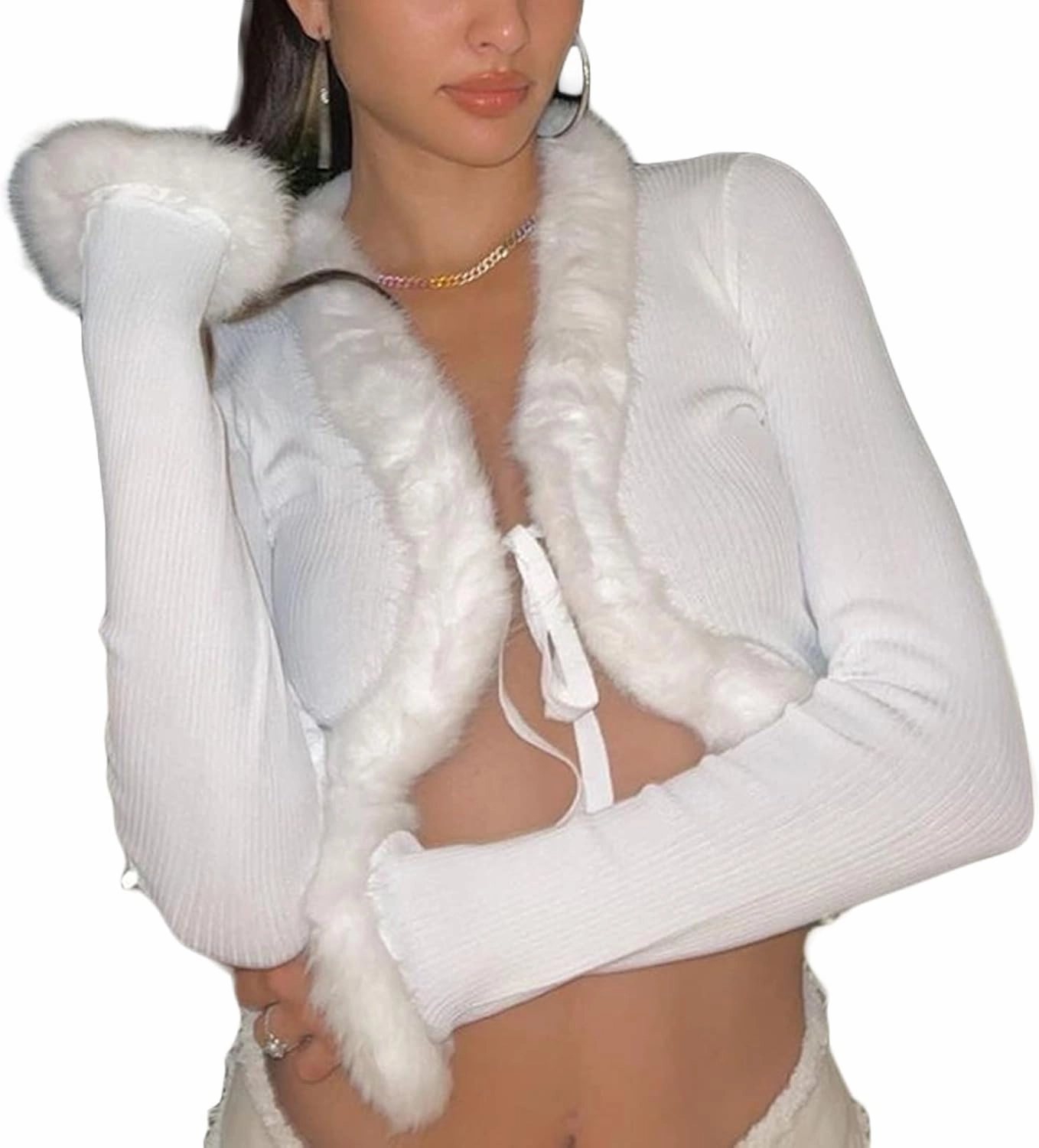 Women 's Fluffy Knitted Cardigan Long Sleeve V Neck Fur Trim Crop Top Winter Bodycon Streetwear