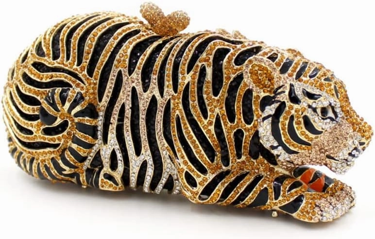 Women Cute Tiger Shaped Evening Clutch Sparkling Rhinestones Handbag Prom Party Purse