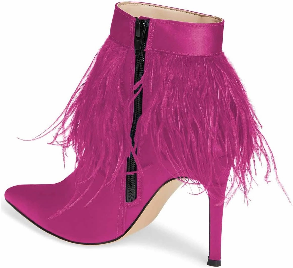Women Fluffy Feather Tassel Ankle Boots Pointed Toe Stiletto High Heels Prom Dress Booties Size 4-15 US