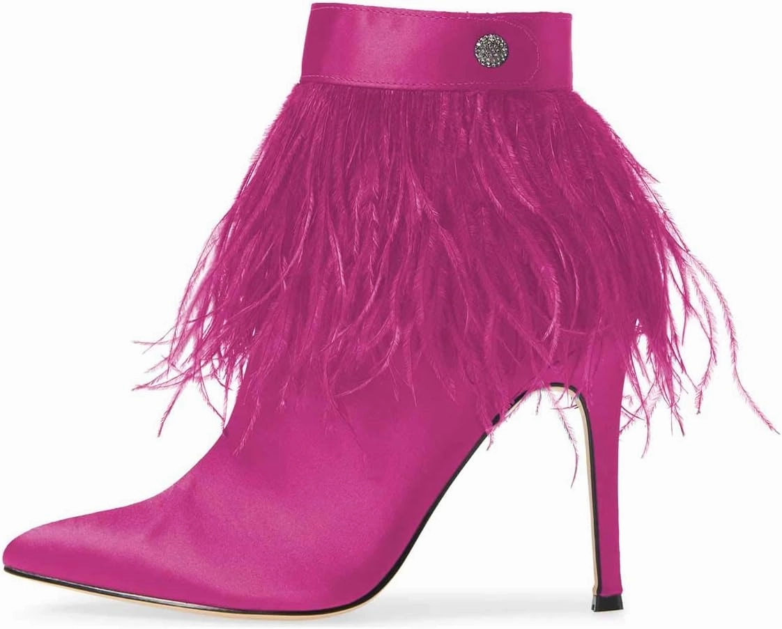 Women Fluffy Feather Tassel Ankle Boots Pointed Toe Stiletto High Heels Prom Dress Booties Size 4-15 US