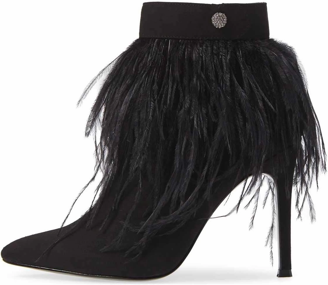 Women Fluffy Feather Tassel Ankle Boots Pointed Toe Stiletto High Heels Prom Dress Booties Size 4-15 US