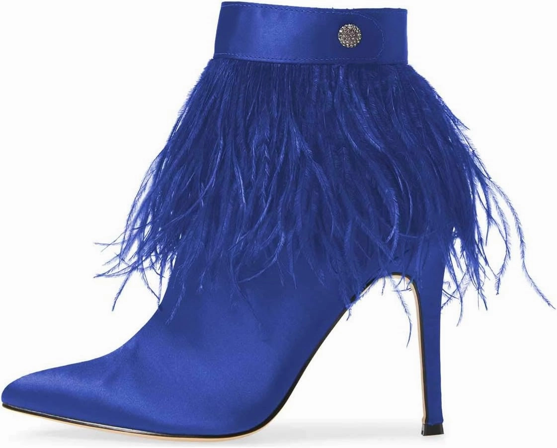 Women Fluffy Feather Tassel Ankle Boots Pointed Toe Stiletto High Heels Prom Dress Booties Size 4-15 US