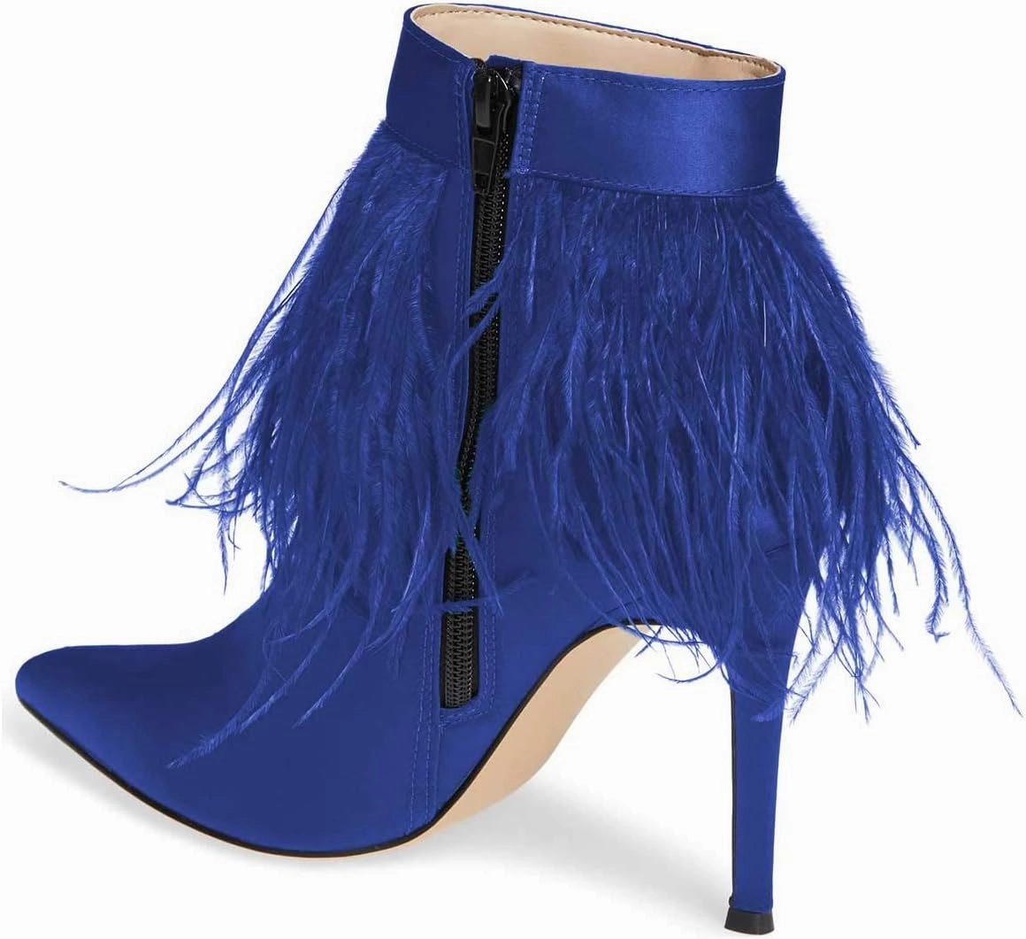 Women Fluffy Feather Tassel Ankle Boots Pointed Toe Stiletto High Heels Prom Dress Booties Size 4-15 US