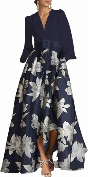 Women's 2025 Summer Fresh Long Sleeve V-Neck Floral Print Waist Tiered Navy Maxi Dress Elegant Vacation Travel Dresses
