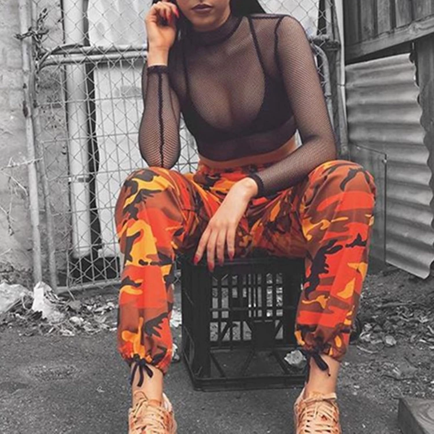 Women's Camo Pants Cargo Trousers High Waist Casual Camouflage Tactical Pants Loose Fit Jogger Pants with Pocket