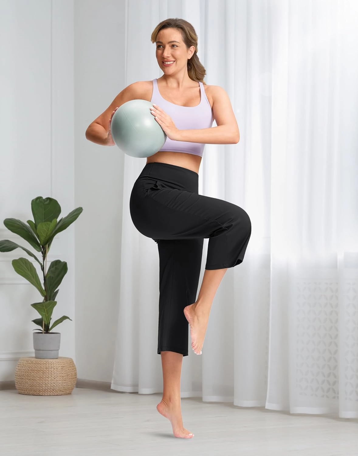 Women's Capri Pants with Pockets High Waist Yoga Pants Wide Leg Workout Crop Summer Pants for Casual, Travel, Exercise