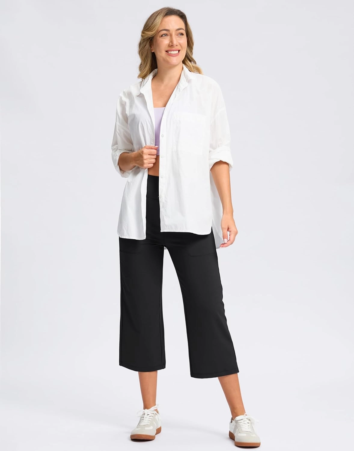 Women's Capri Pants with Pockets High Waist Yoga Pants Wide Leg Workout Crop Summer Pants for Casual, Travel, Exercise