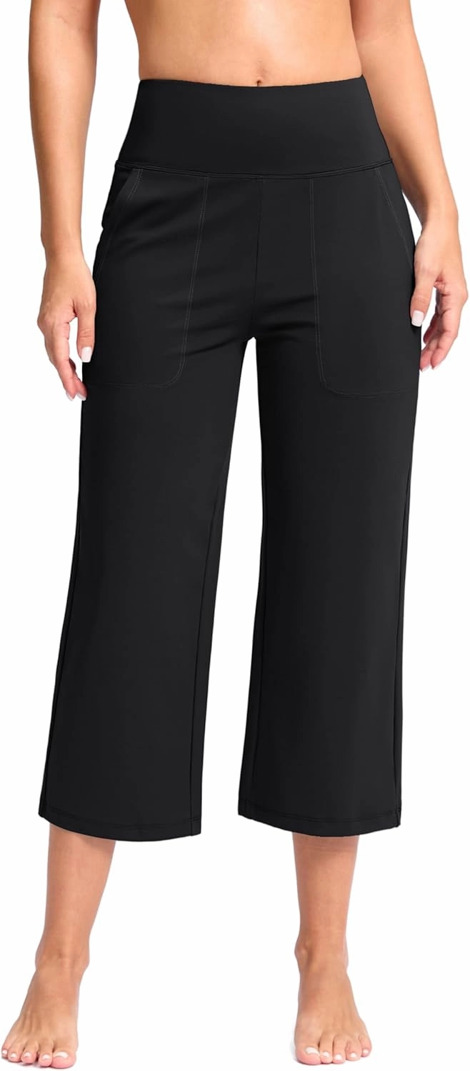 Women's Capri Pants with Pockets High Waist Yoga Pants Wide Leg Workout Crop Summer Pants for Casual, Travel, Exercise