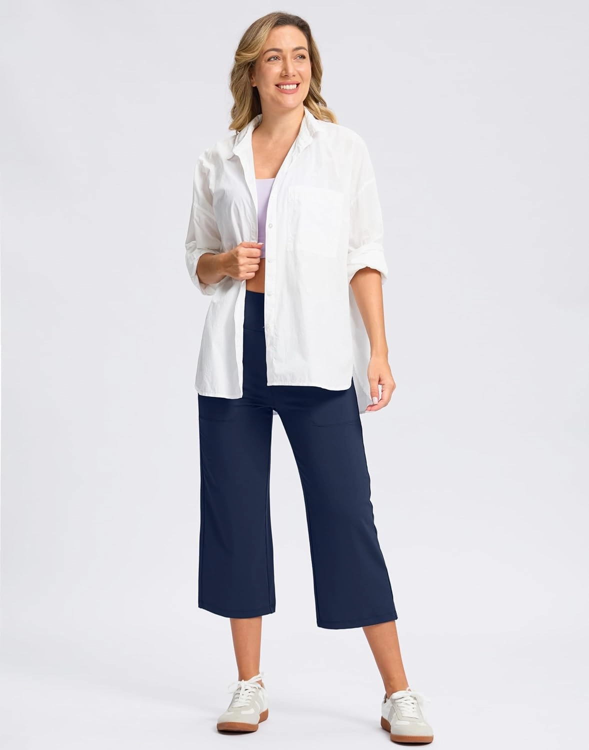 Women's Capri Pants with Pockets High Waist Yoga Pants Wide Leg Workout Crop Summer Pants for Casual, Travel, Exercise