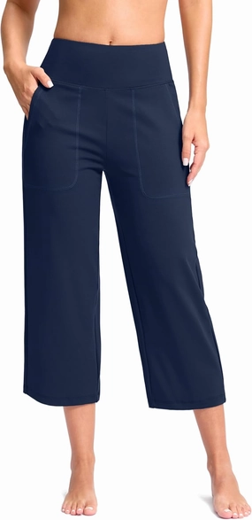 Women's Capri Pants with Pockets High Waist Yoga Pants Wide Leg Workout Crop Summer Pants for Casual, Travel, Exercise